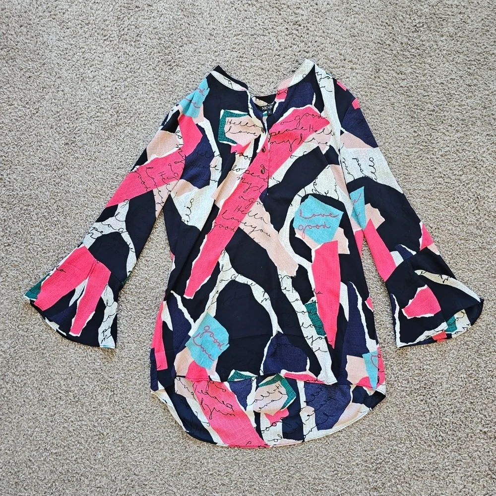 NIC+ZOE Womens Navy Printed Split Wear To Work Blouse Small - Picture 8 of 9